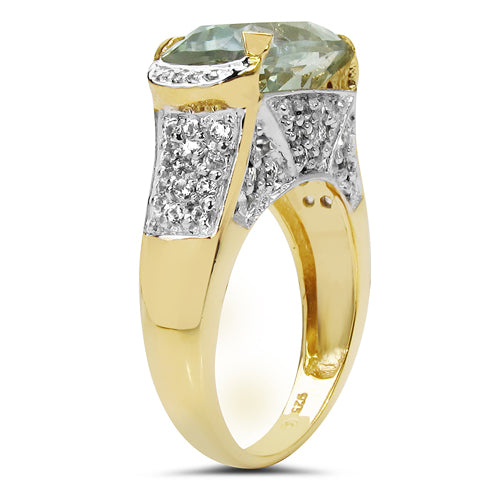 14K Yellow Gold Plated 6.81 Carat Genuine Green Amethyst & White Topaz .925 Sterling Silver Ring