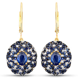 5.18 Carat Genuine Blue Sapphire and White Diamond 14K Yellow Gold Earrings