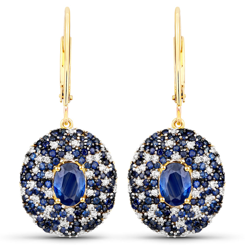 5.18 Carat Genuine Blue Sapphire and White Diamond 14K Yellow Gold Earrings