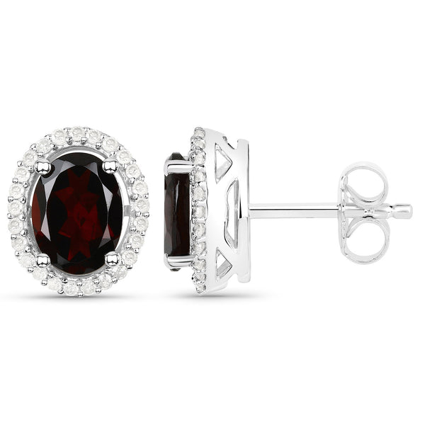 2.77 Carat Genuine Garnet and White Diamond .925 Sterling Silver Earrings