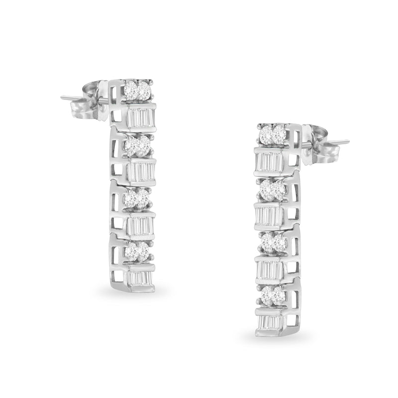 14K White Gold 1 1/3 cttw Round And Baguette Cut Diamond Earrings (H-I, SI2-I1)