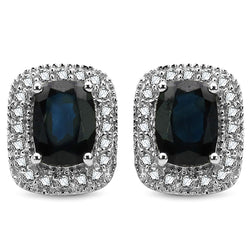 2.63 Carat Genuine Blue Sapphire and White Diamond 14K White Gold Earrings