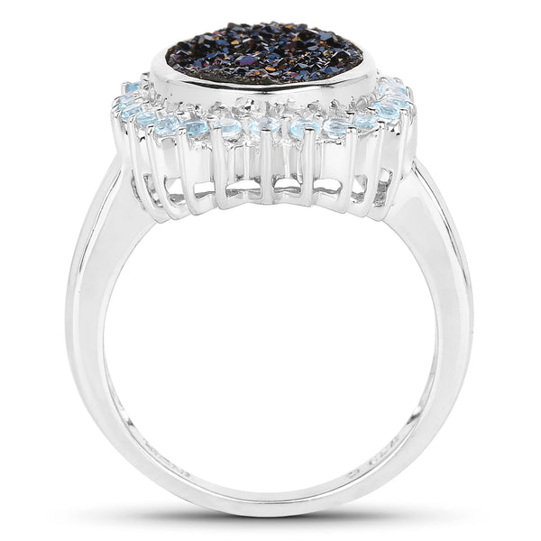 3.68 Carat Genuine Cobalt Blue Drusy & Swiss Blue Topaz .925 Sterling Silver Ring