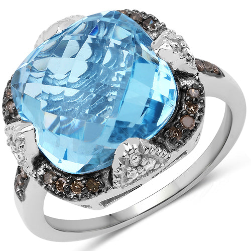8.29 Carat Genuine Swiss Blue Topaz, Champagne Diamond and White Diamond .925 Sterling Silver Ring