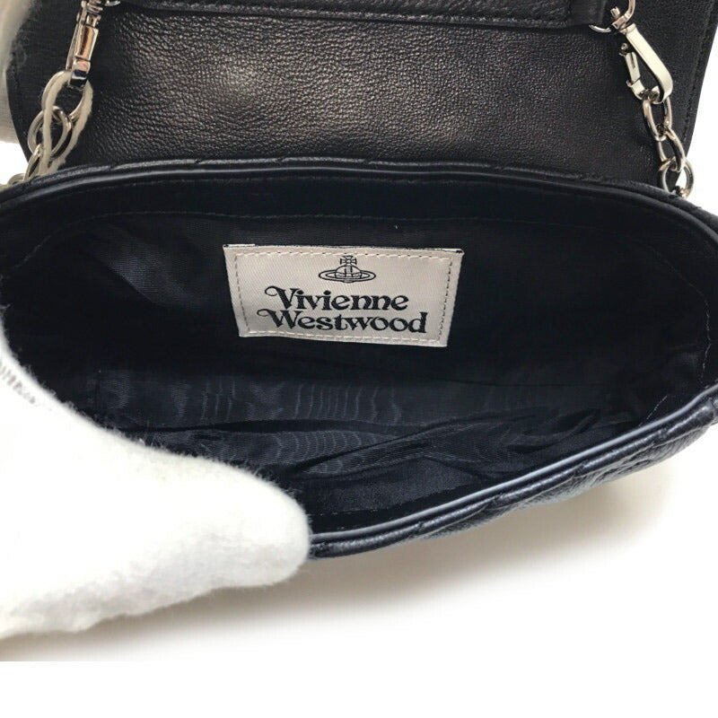 Vivienne Westwood Quilted Chain Shoulder Clutch Bag Pochette Orb Black Leather 53020005