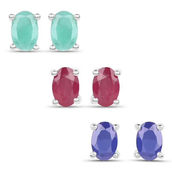 2.96 Carat Emerald, Glass Filled Ruby and Glass Filled Sapphire .925 Sterling Silver Earrings