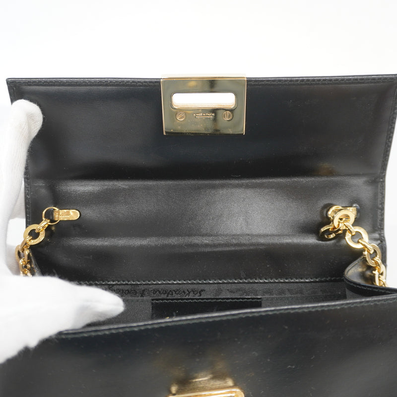Auth Salvatore Ferragamo Shoulder Bag Gancio Leather Black Gold Metal