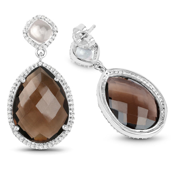 19.30 Carat Genuine Smoky Quartz, Crystal Quartz And White Topaz .925 Sterling Silver Earrings