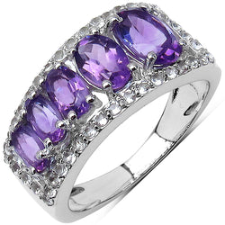 2.17 Carat Genuine Amethyst & White Topaz .925 Sterling Silver 5 Stone Ring