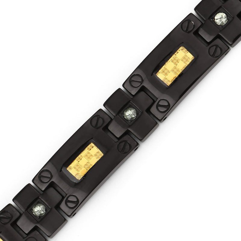 Black Titanium Men's Bracelet, Mens Titanium Bracelet with Gold Plated Steel Inlay, 0.56ctw. Natural Green Sapphire Rounds