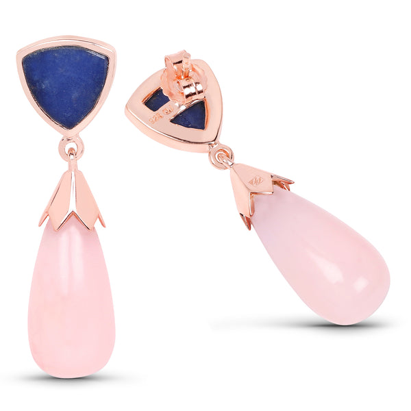 14K Rose Gold Plated 29.20 Carat Genuine Pink Opal & Blue Aventurine .925 Sterling Silver Earrings