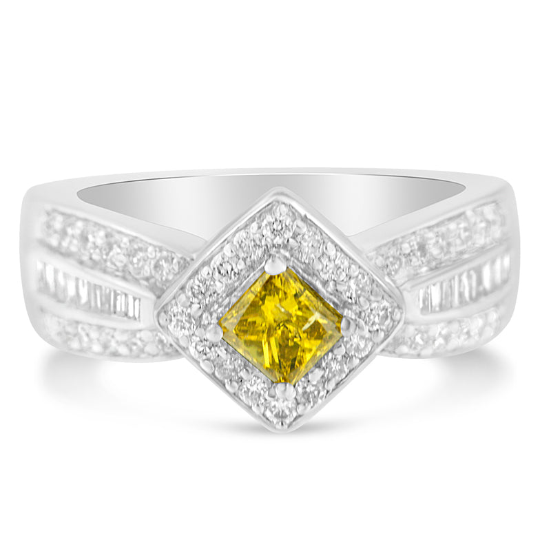 14K White Gold 1ct TDW Round Baguette and Treated Yellow Princess Diamond Tapered Ring(H-I I1-I2)