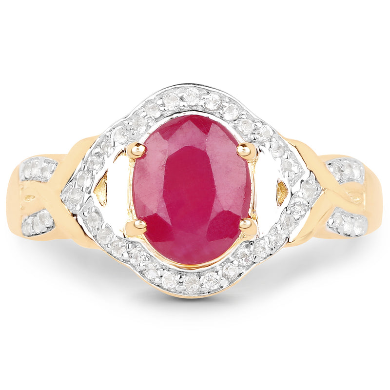 14K Yellow Gold Plated 2.51 Carat Glass Filled Ruby and White Topaz .925 Sterling Silver Ring