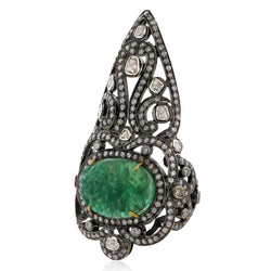 Pave Diamond & Carved Emerald Cockail Knuckle Ring 18k Gold Silver Jewelry