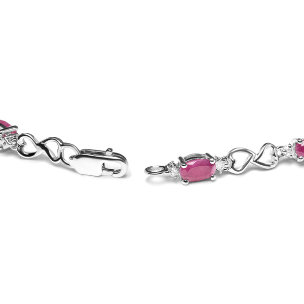 .925 Sterling Silver Pink Oval Shaped Ruby and 1/4 Cttw Diamond 7.25" Link Bracelet (I-J Color, I2-I3 Clarity)