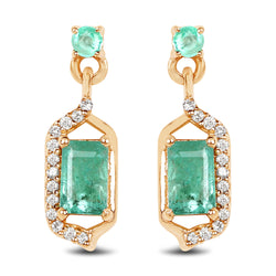 0.70 Carat Genuine Zambian Emerald and White Diamond 14K Yellow Gold Earrings