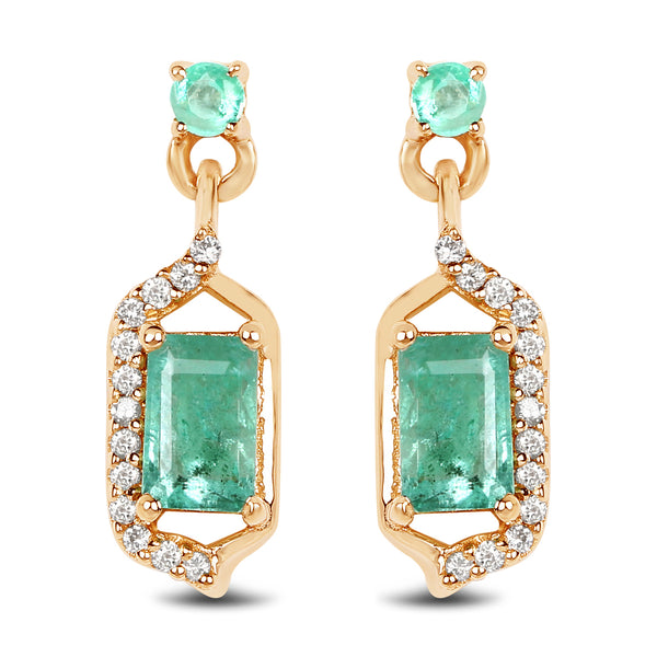 0.70 Carat Genuine Zambian Emerald and White Diamond 14K Yellow Gold Earrings