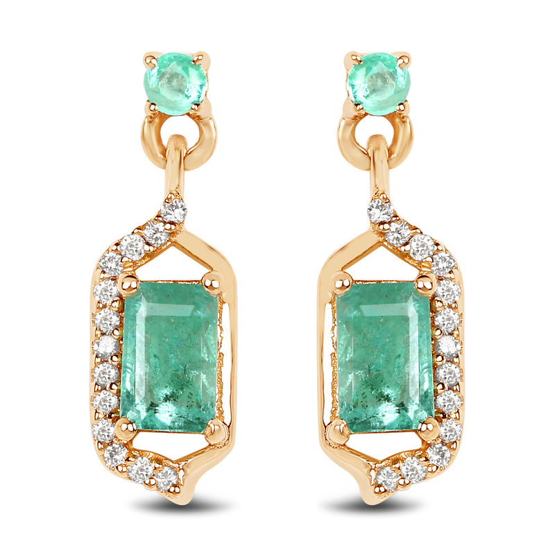 0.70 Carat Genuine Zambian Emerald and White Diamond 14K Yellow Gold Earrings