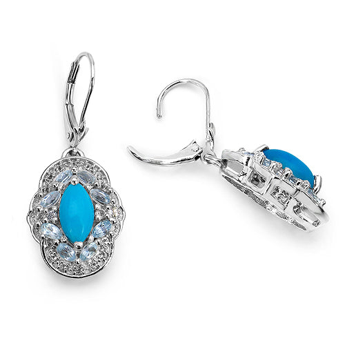 3.35 Carat Genuine Turquoise, Blue Topaz & White Topaz .925 Sterling Silver Earrings