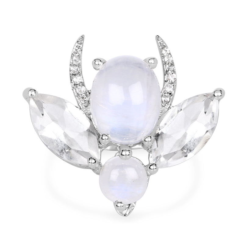 "7.41 Carat Genuine White Rainbow Moonstone, Crystal Quartz and White Topaz .925 Sterling Silver Ring