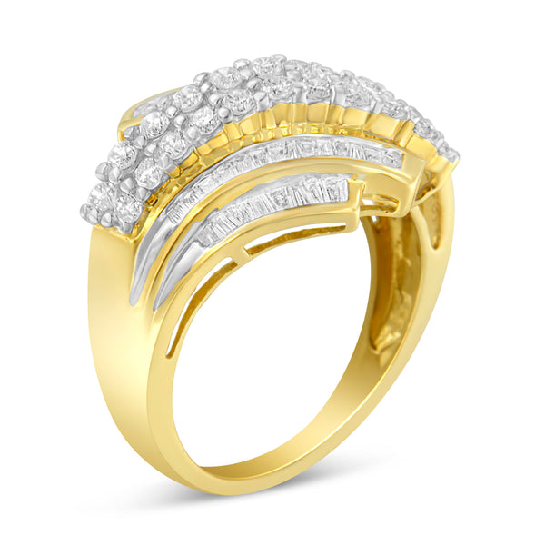 10K Yellow Gold 1.0 Cttw Round & Baguette Cut Diamond 64 Stone Bypass Style Channel Set Modern Statement Ring (H-I Color, SI1-SI2 Clarity) - Size 6