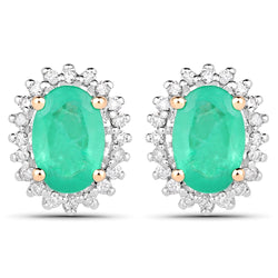 0.92 Carat Genuine Zambian Emerald and White Diamond 14K Yellow Gold Earrings