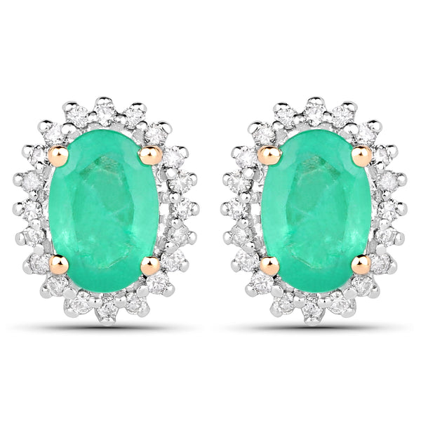 0.92 Carat Genuine Zambian Emerald and White Diamond 14K Yellow Gold Earrings