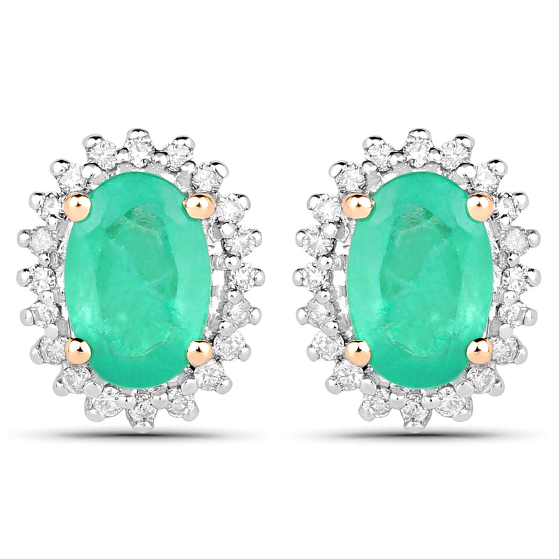 0.92 Carat Genuine Zambian Emerald and White Diamond 14K Yellow Gold Earrings