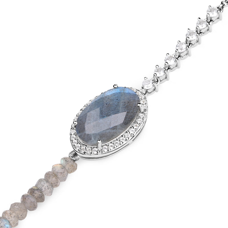 17.49 Carat Genuine Labradorite and White Topaz .925 Sterling Silver Bracelet