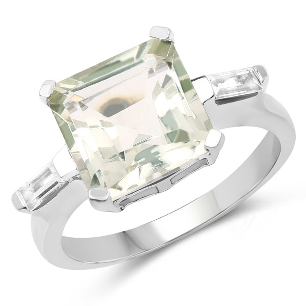 4.76 Carat Genuine Green Amethyst & White Topaz .925 Sterling Silver Ring