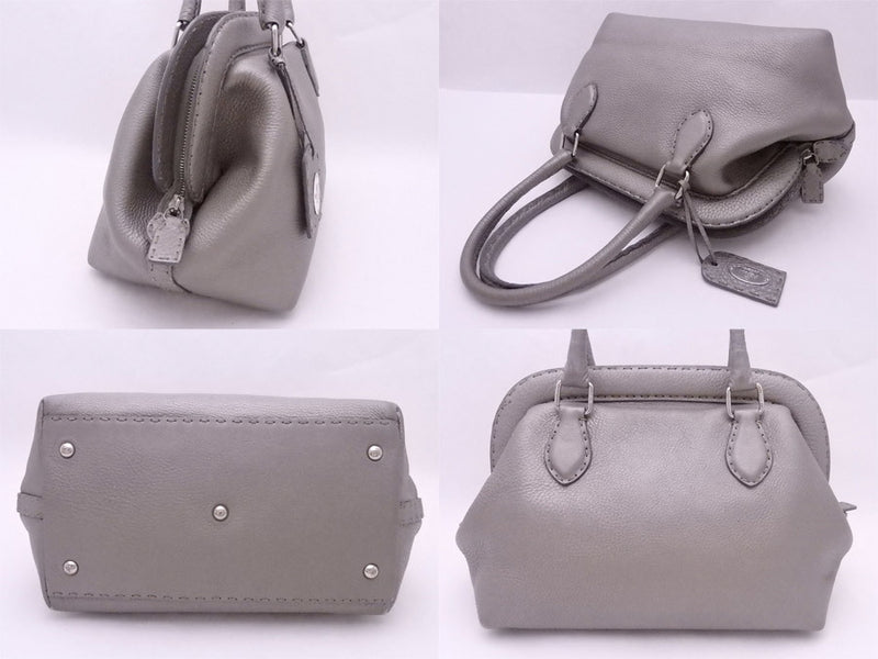 FENDI Handbag Celeria Metallic Gray Leather Bag Ladies
