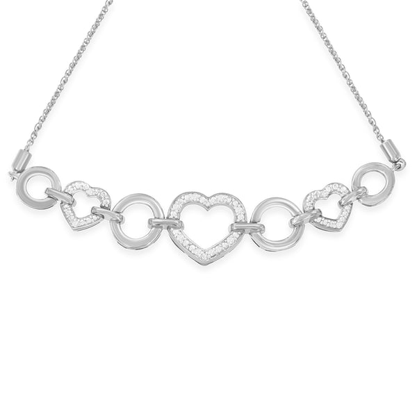 .925 Sterling Silver 1/10 Cttw Round-Cut Diamond Heart-Link Adjustable Bolo Bracelet ( H-I Color, I2-I3 Clarity) - 6"-9" Adjustable