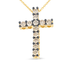 10K Yellow Gold Plated .925 Sterling Silver 1.00 Cttw Traditional Diamond Cross 18" Pendant Necklace (Champagne color, I2-I3 Clarity)