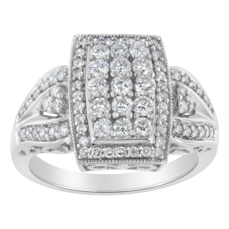 10K White Gold 1.0 Cttw Diamond Rectangular Cushion Shaped Cluster Halo Flared Band Cocktail Fashion Ring (H-I Color, SI2-I1 Clarity) - Size 7