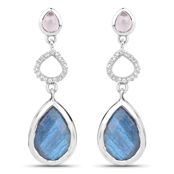 9.57 Carat Genuine Rose Quartz, Labradorite And White Topaz .925 Sterling Silver Earrings