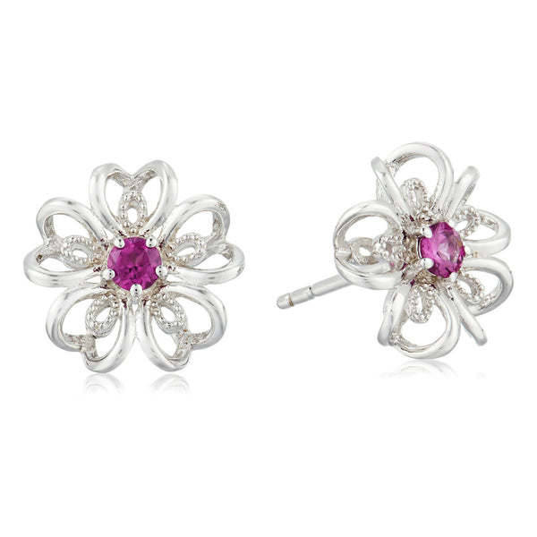 925 Sterling Silver Women Floral Stud Earring Rhodolite Garnet