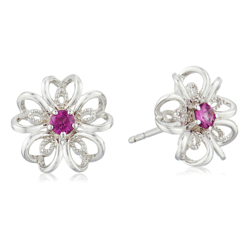 925 Sterling Silver Women Floral Stud Earring Rhodolite Garnet