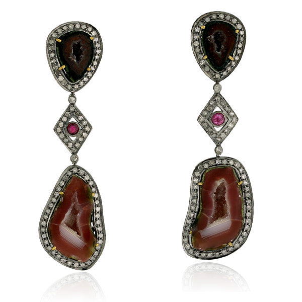 Ruby Gemstone Dangle Earrings Pave Diamond Gold Sterling Silver Jewelry