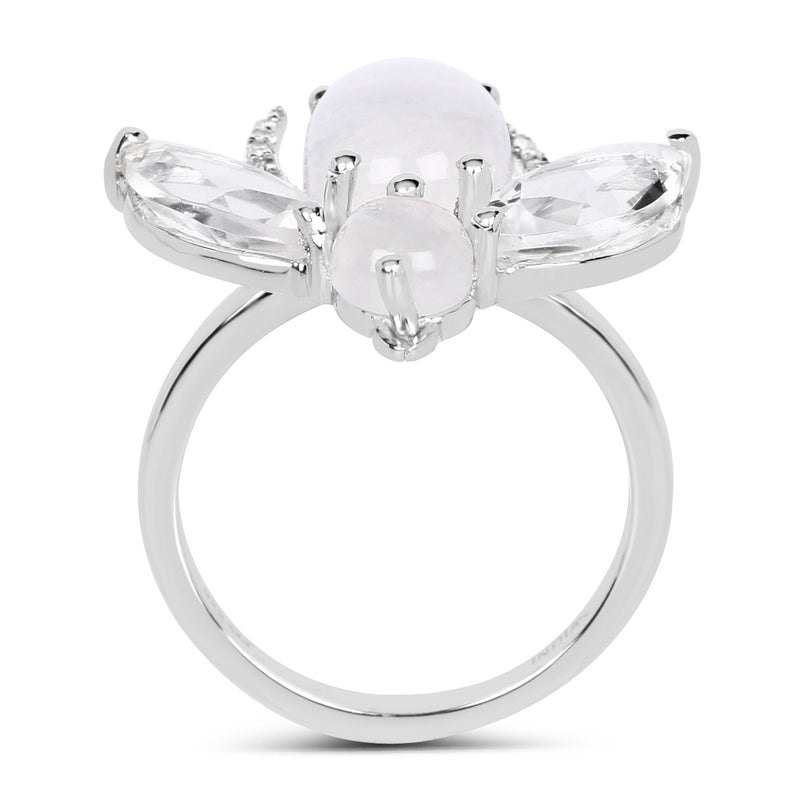 "7.41 Carat Genuine White Rainbow Moonstone, Crystal Quartz and White Topaz .925 Sterling Silver Ring