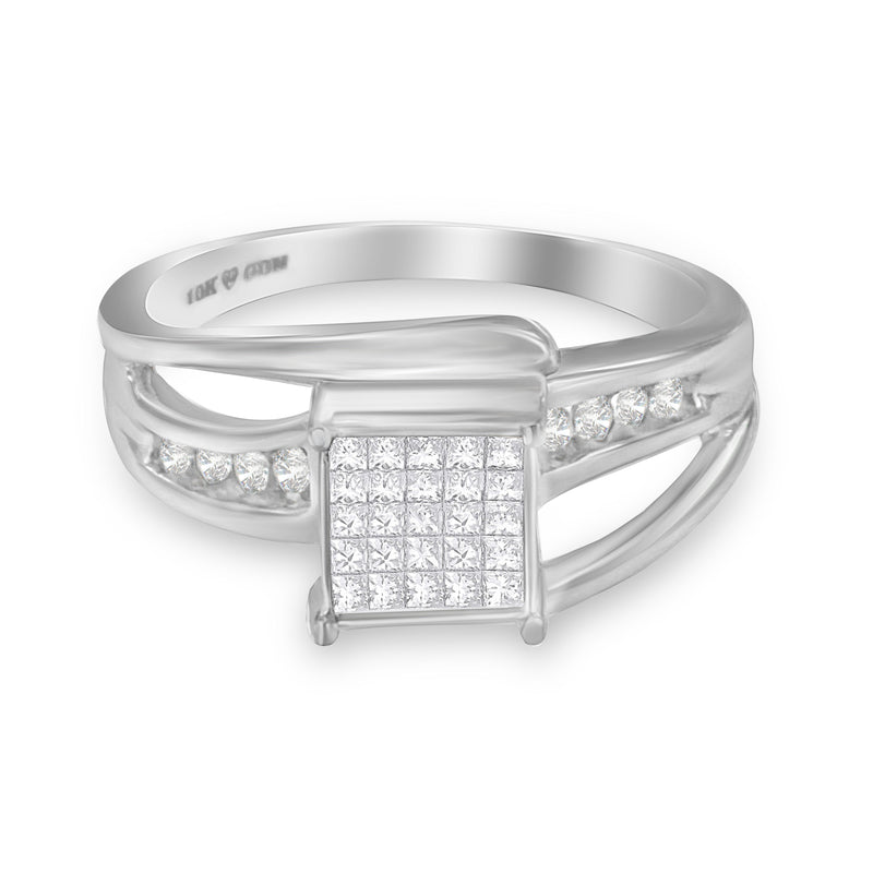 10K White Gold 1/3 Cttw Invisible Set Princess-cut Diamond Cluster Bypass Ring (H-I Color, SI1-SI2 Clarity) - Ring Size 7