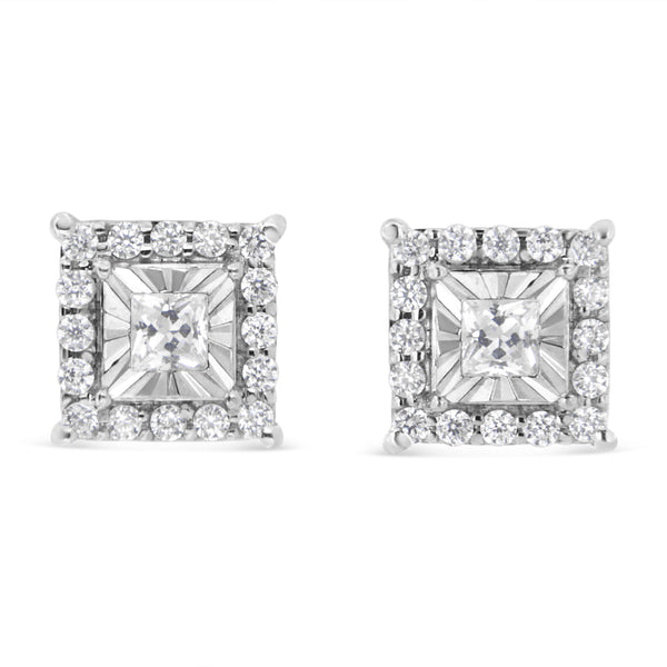 .925 Sterling Silver 1/4 Cttw Princess and Round Cut Diamond Halo Stud Earrings (I-J Color, I2-I3 Clarity)