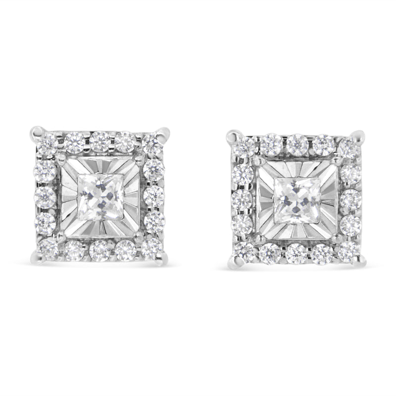 .925 Sterling Silver 1/4 Cttw Princess and Round Cut Diamond Halo Stud Earrings (I-J Color, I2-I3 Clarity)