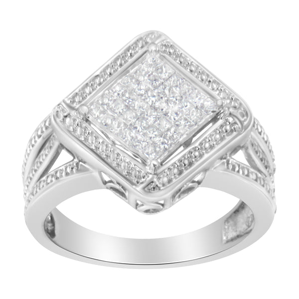 .925 Sterling Silver 2/5 Cttw Princess Cut Diamond Square On Point Cluster Composite Cocktail Ring (H-I Color, SI1-SI2 Clarity) - Size 6