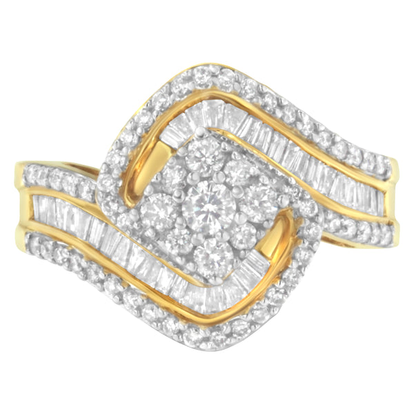 14K Yellow Gold 1.0 Cttw Baguette & Brilliant-Cut Diamond Round Floral Cluster Engagement or Fashion Ring with Swirl Wrapped Triple Row Band (H-I Color, SI2-I1 Clarity) - Size 6-3/4