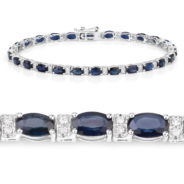 8.07 Carat Genuine Blue Sapphire and White Diamond 14K White Gold Bracelet