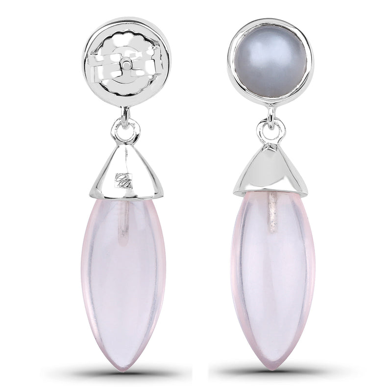 13.20 Carat Genuine Grey Moonstone And Rose Quartz .925 Sterling Silver Earrings