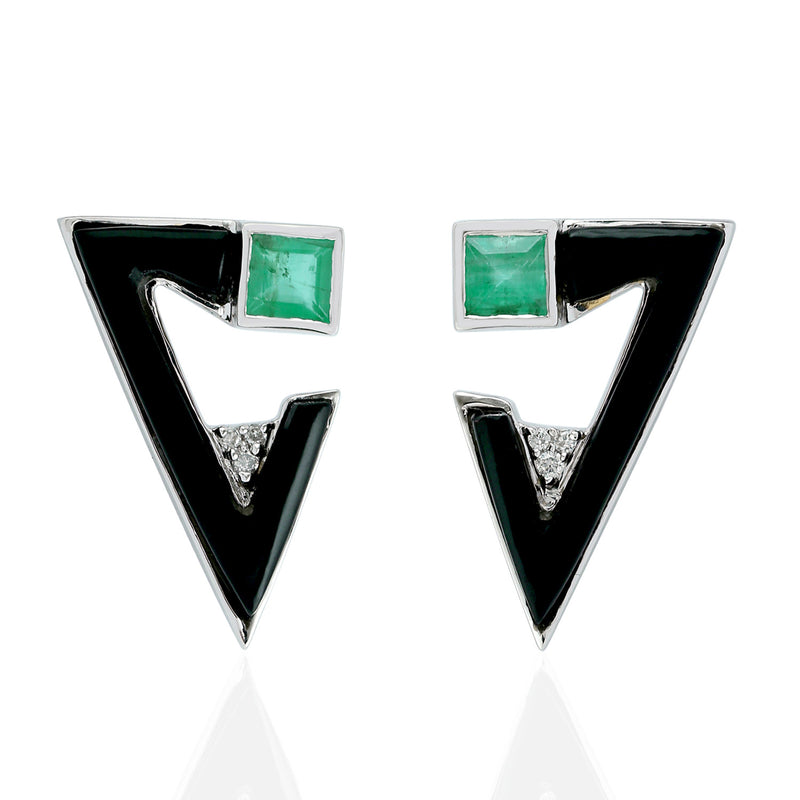 3.7ct Emerald & Diamond Stud Earrings 18k White Gold Enamel Jewelry Gift For Her