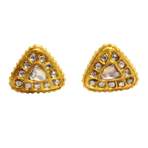 Rose Cut Diamond 18K Yellow Gold Handmade Stud Earrings Ethnic Look Jewelry