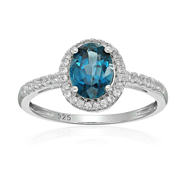 925 Sterling Silver Women Halo Ring London Blue Topaz and Natural Zircon