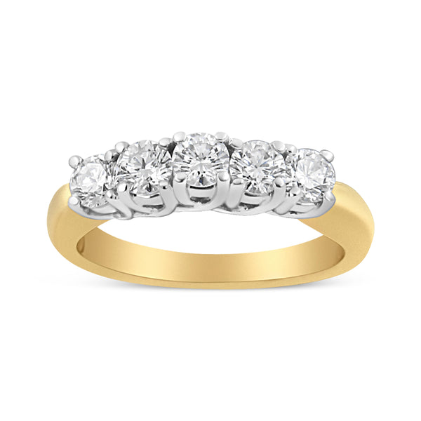 18K Yellow Gold 1.0 Cttw 4 Prong Set Round Cut Diamond Step up 5 Stone Ring Band (F-G Color, SI1-SI2 Clarity) - Size 6